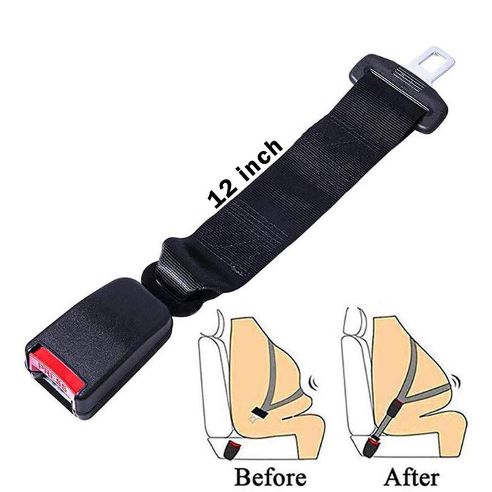 Black car seat belt extender with measurements and illustrations showing before and after use.