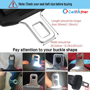 Car seat belt buckle with measurements and quality check images on a white background