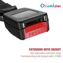 Load image into Gallery viewer, Black extension with socket for a seat belt, featuring a red &#39;PRESS&#39; button, on a white background with &#39;CellFather&#39; branding.