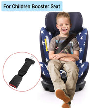 Load image into Gallery viewer, Child sitting in a blue children&#39;s booster seat with a close-up of the seatbelt.