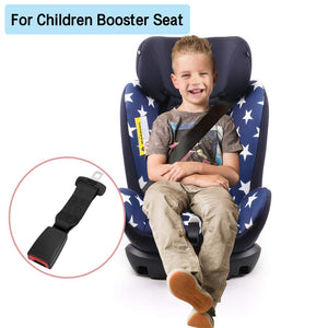 Child sitting in a blue children's booster seat with a close-up of the seatbelt.